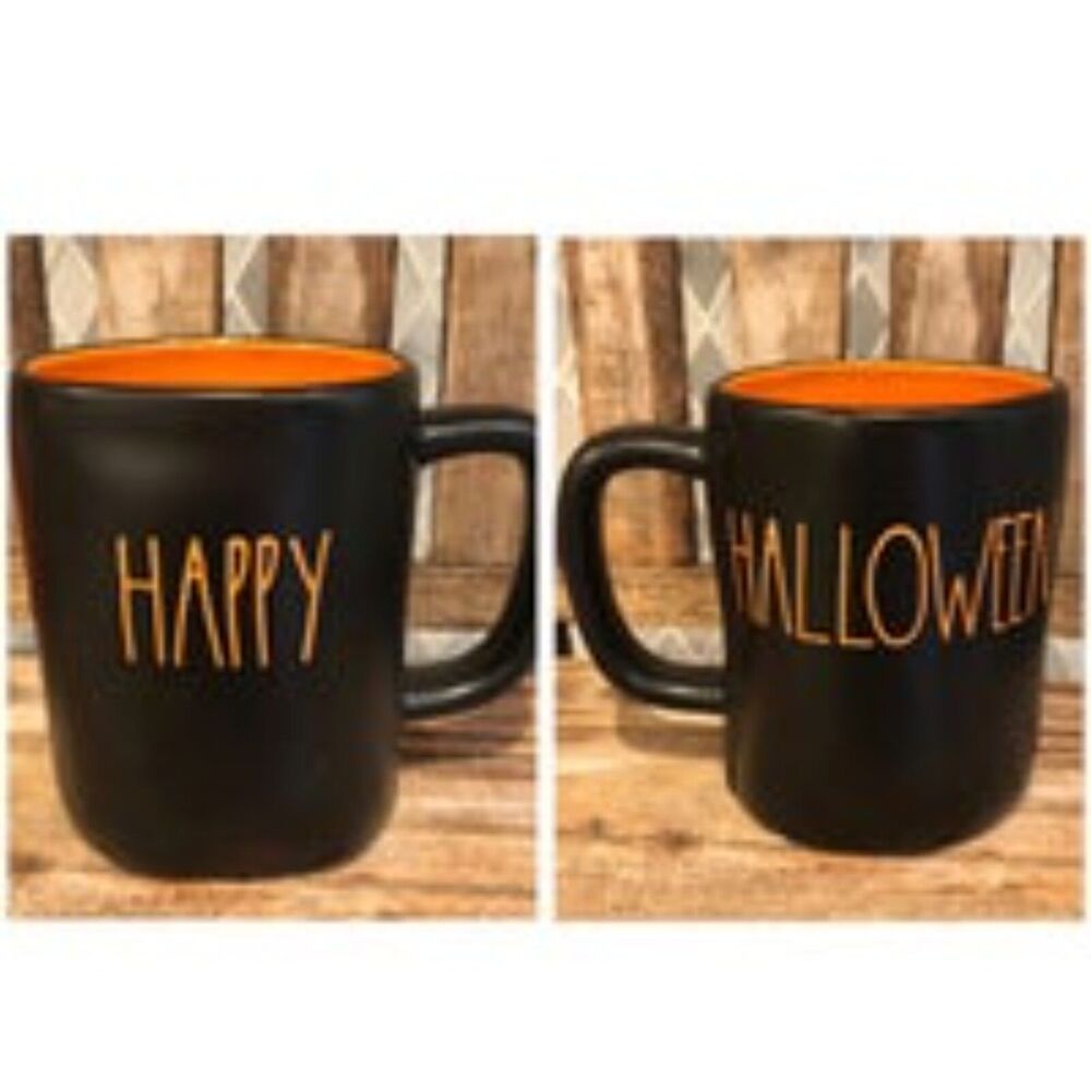 Rae Dunn Double Sided HAPPY HALLOWEEN Mug Black Orange